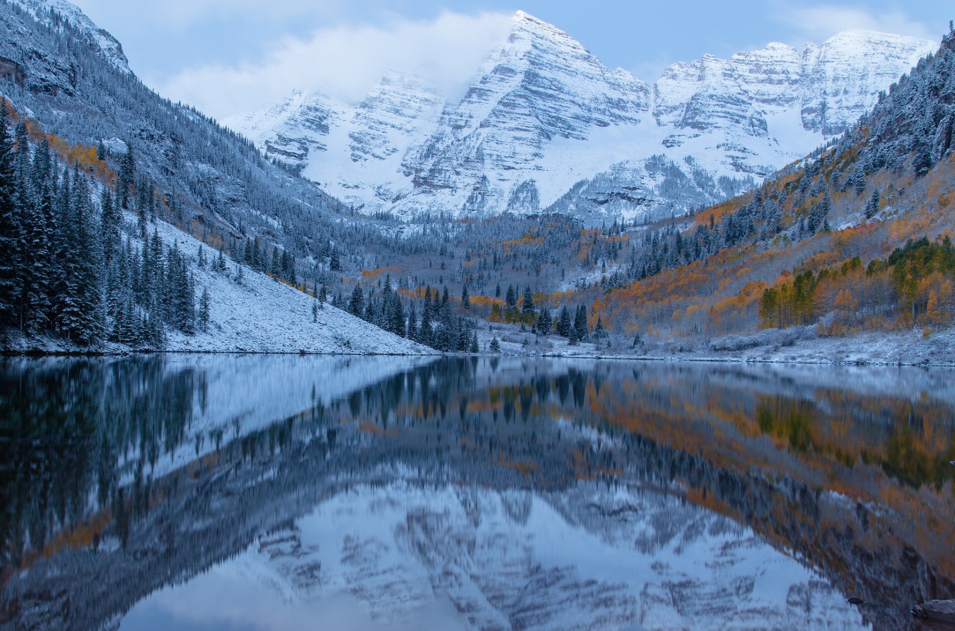 sky clouds mountain tree lake autumn snow frost