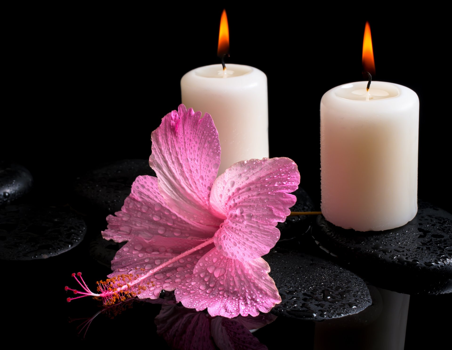 water drops spa stones candles flower hibiscus
