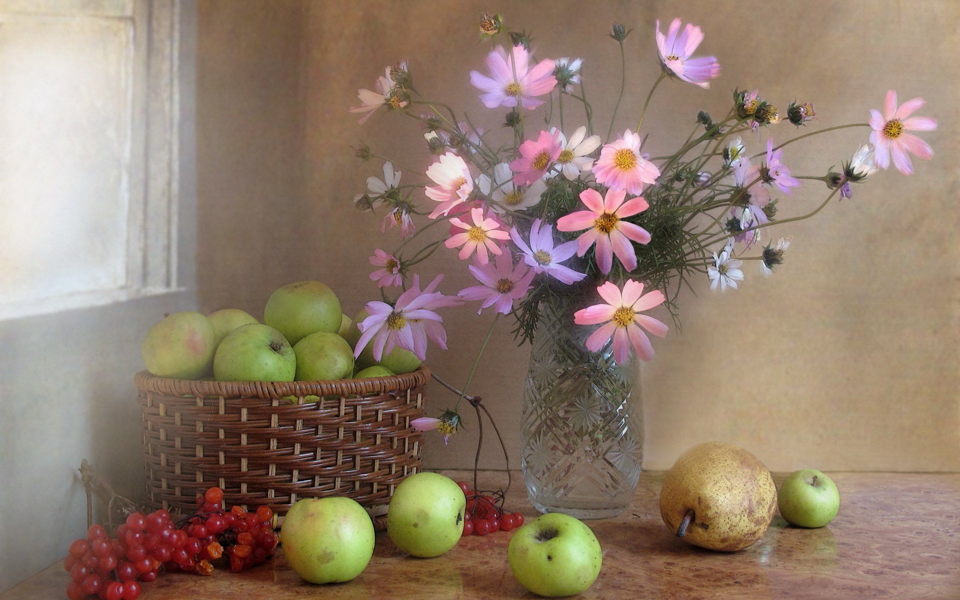 bouquet kalina composition kosmeya still life november autumn fruits flower apples berries