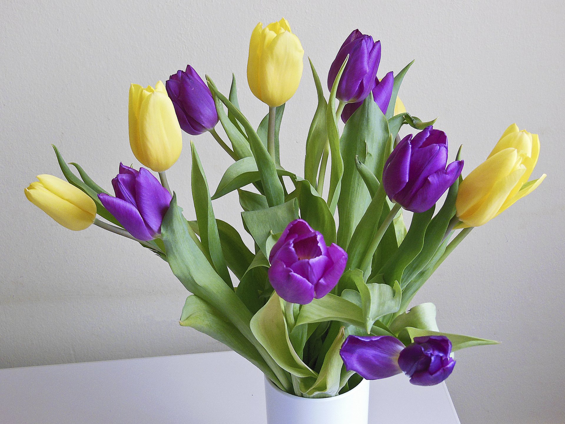 vase bouquet tulips yellow purple