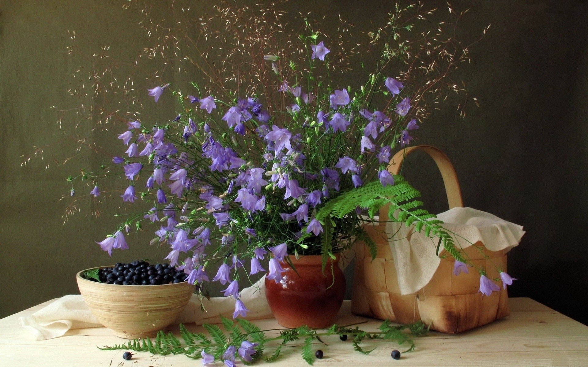 flower bells still life blueberries dish basket fern leaves berries