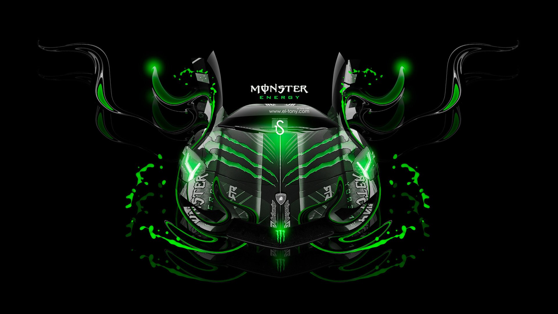 lamborghini aventador monster energy fantasy neon green el tony cars tony kokhan design black effects background photoshop