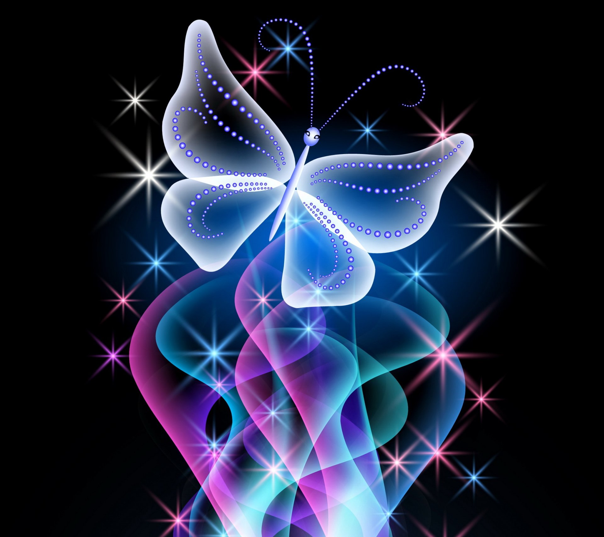 neon butterfly abstract blue pink sparkle glow design