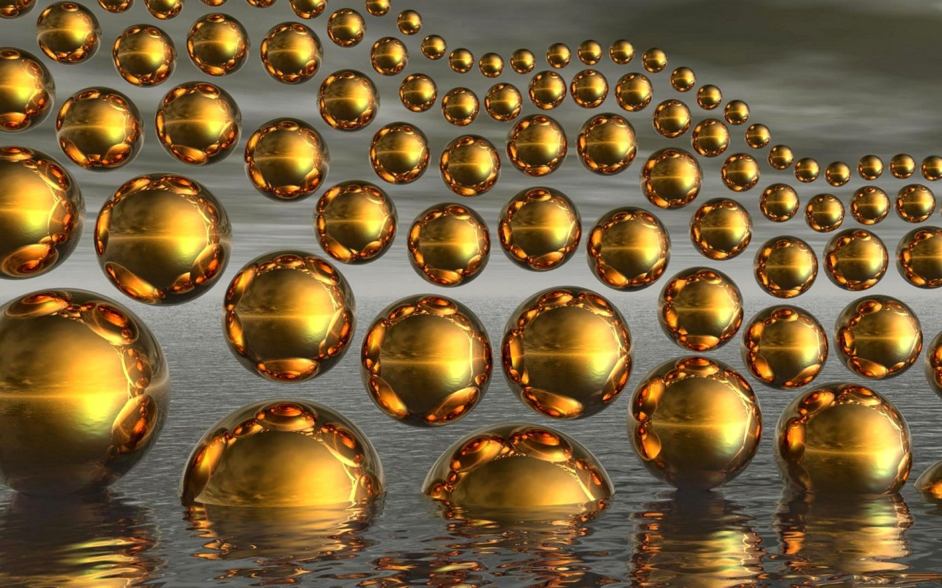balls gold waves water reflection background