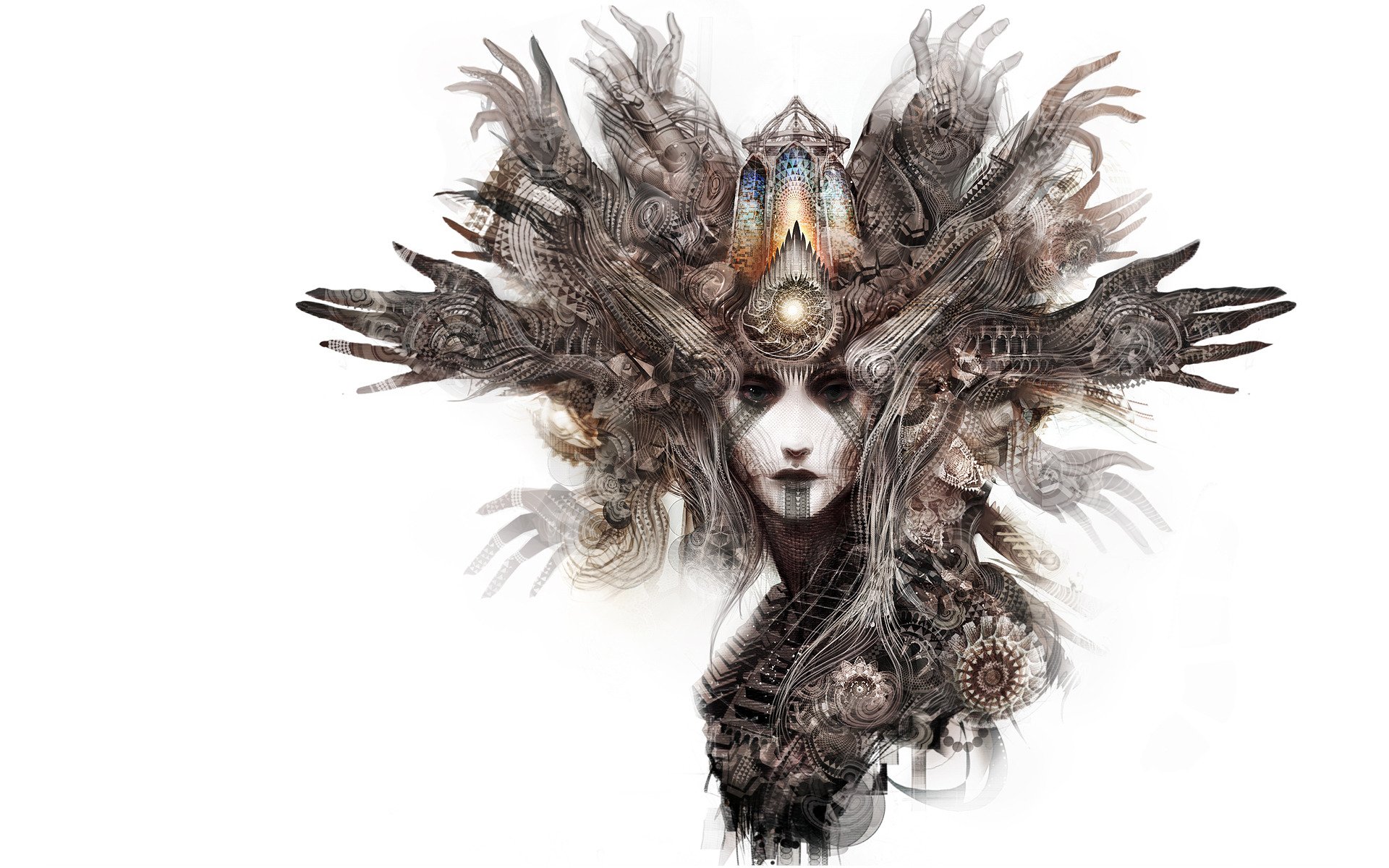 white background women face hands patterns figures