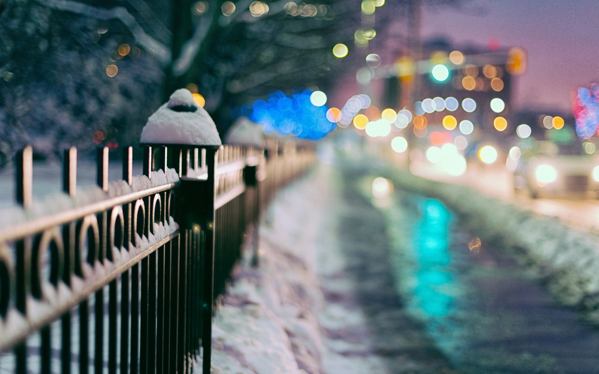 close up fencing gates fence snow winter town lights blur tree bokeh macro background wallpaper widescreen full screen hd wallpapers