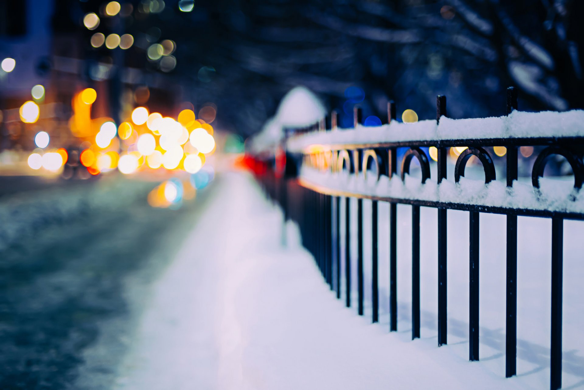 fence snow winter road lights bokeh night