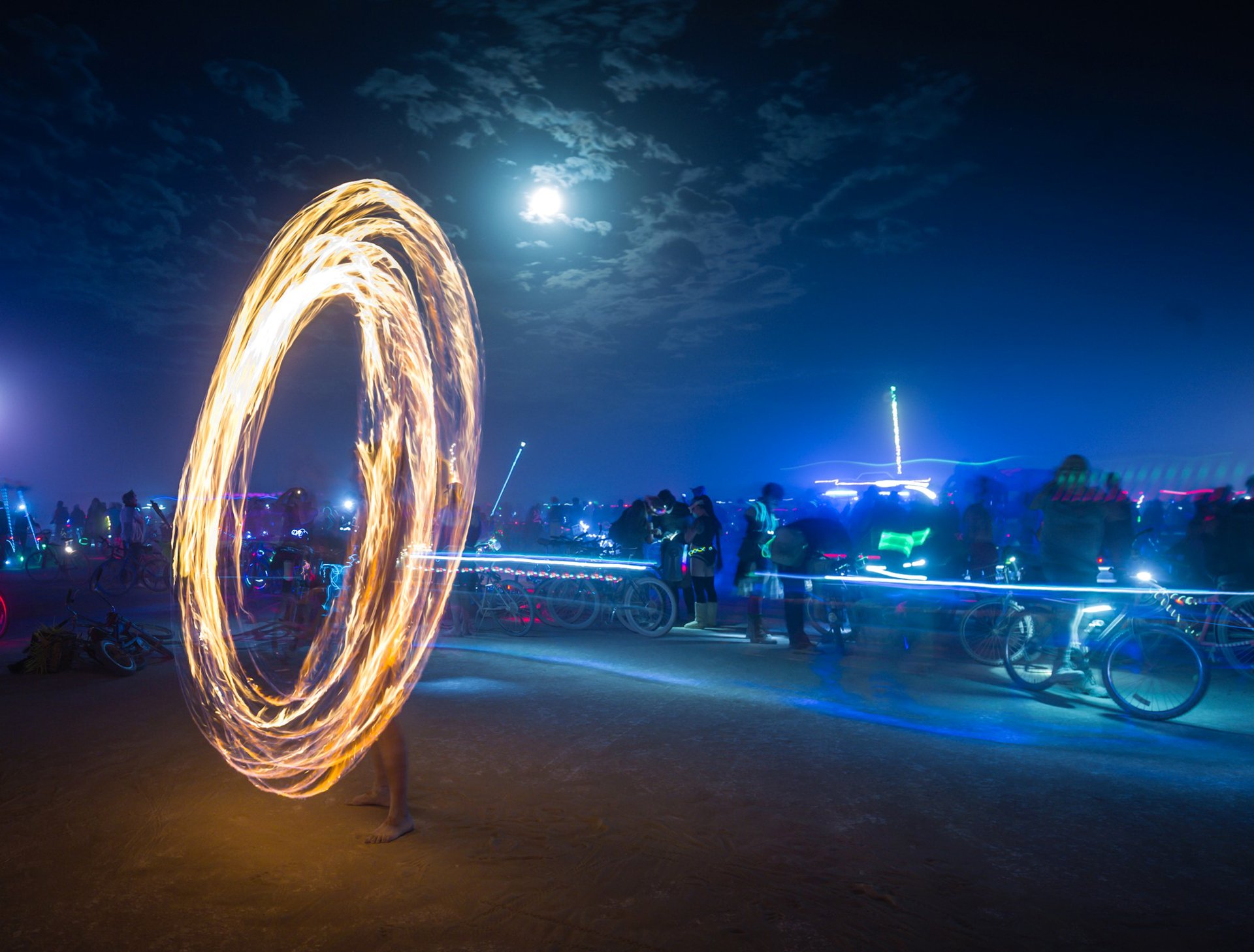 burning-man nevada united states art people lights sky clouds moon fire show