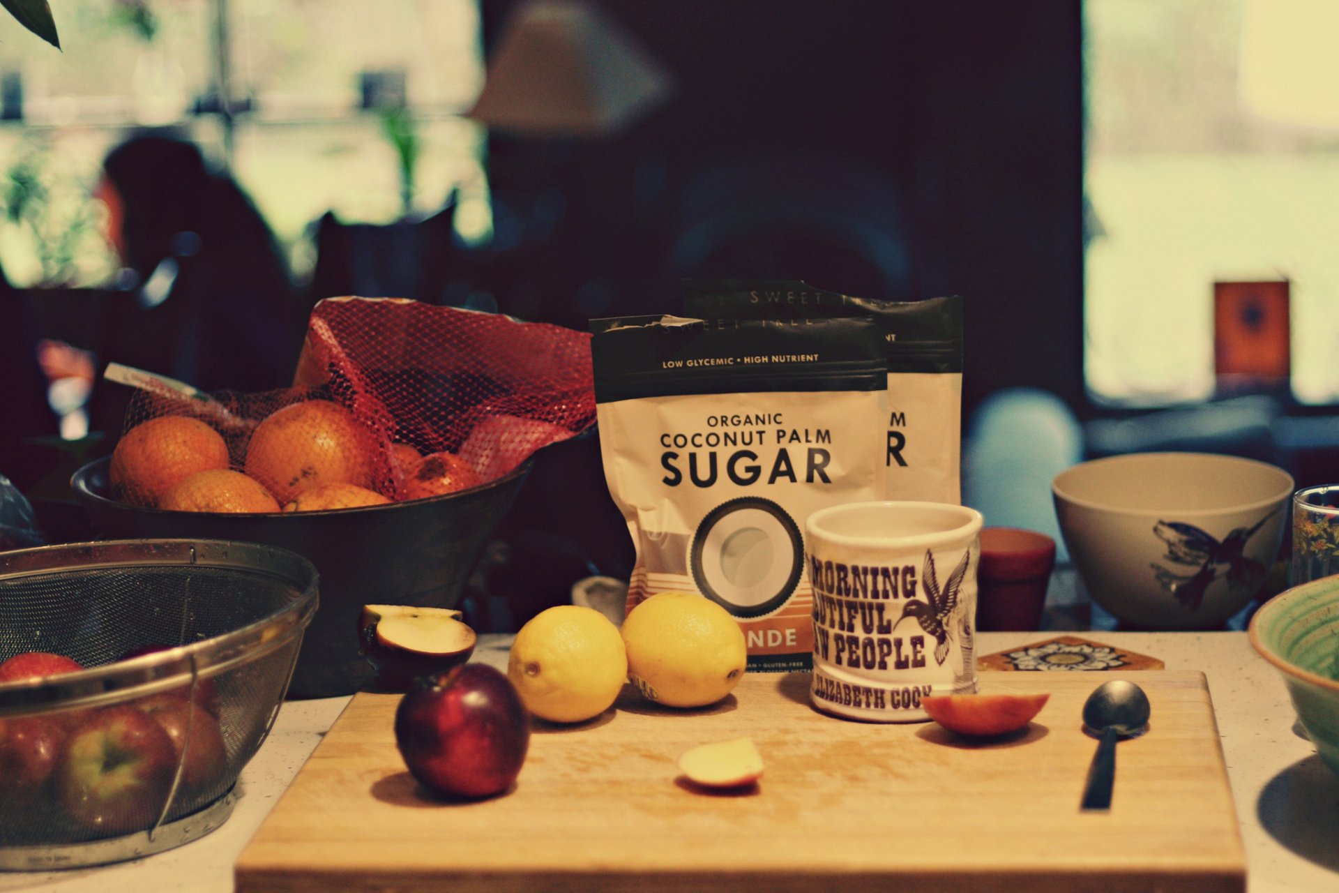 sugar lemons board mug cup spoon orange apples