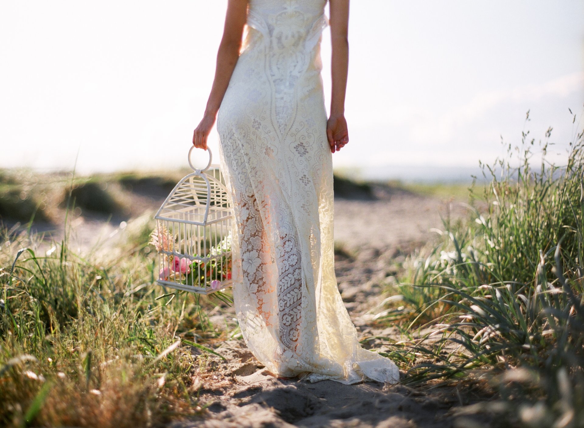 girl wedding bride flower grass nature