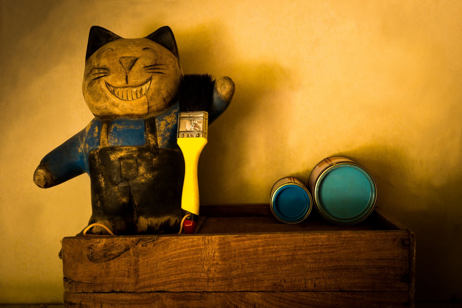 cat kotyara mustache feet tail figurine toys painter brush banks paint our painter plasterer tried a lot of textures positive blur bokeh wallpaper.