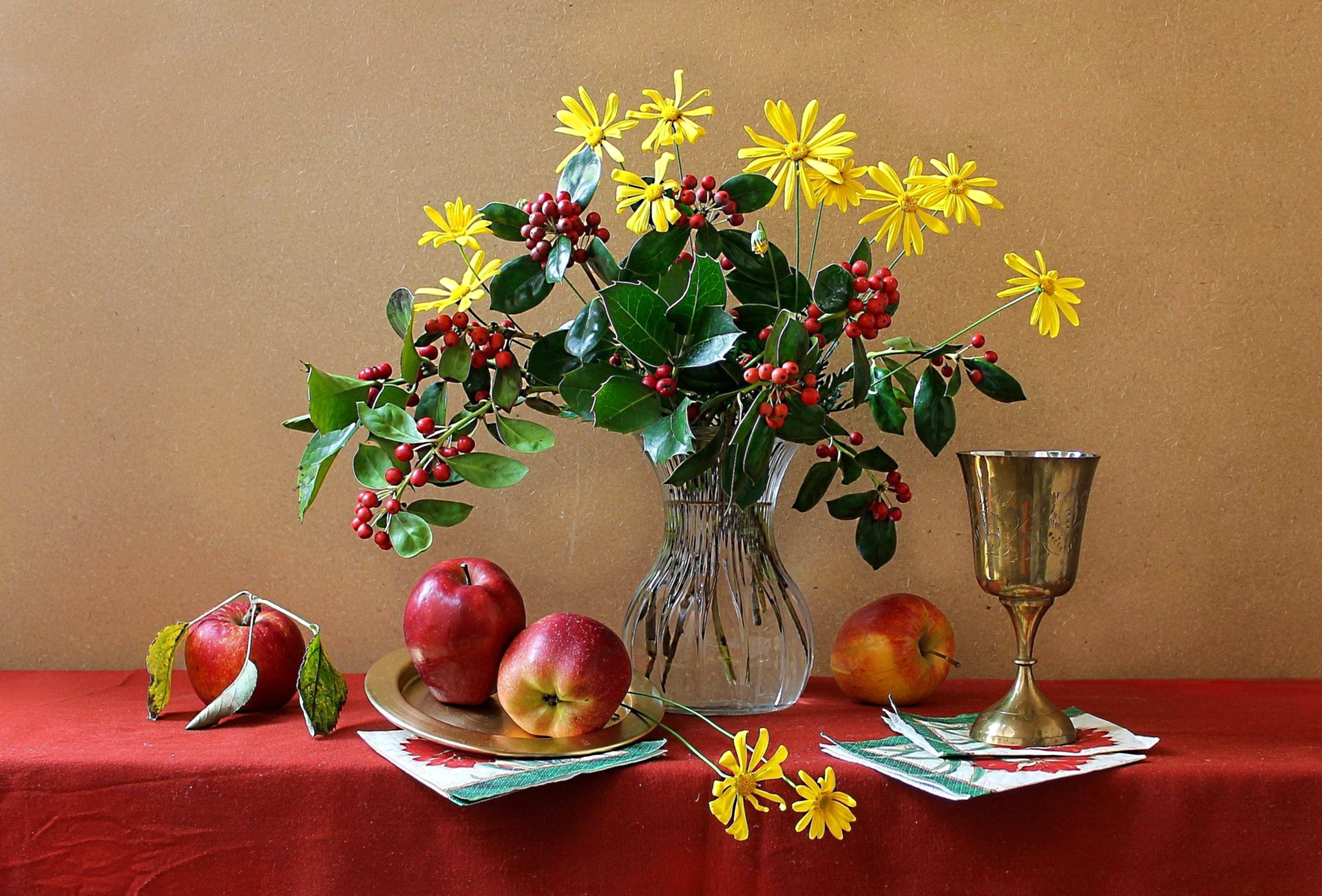 still life vase flower cup apples fruits