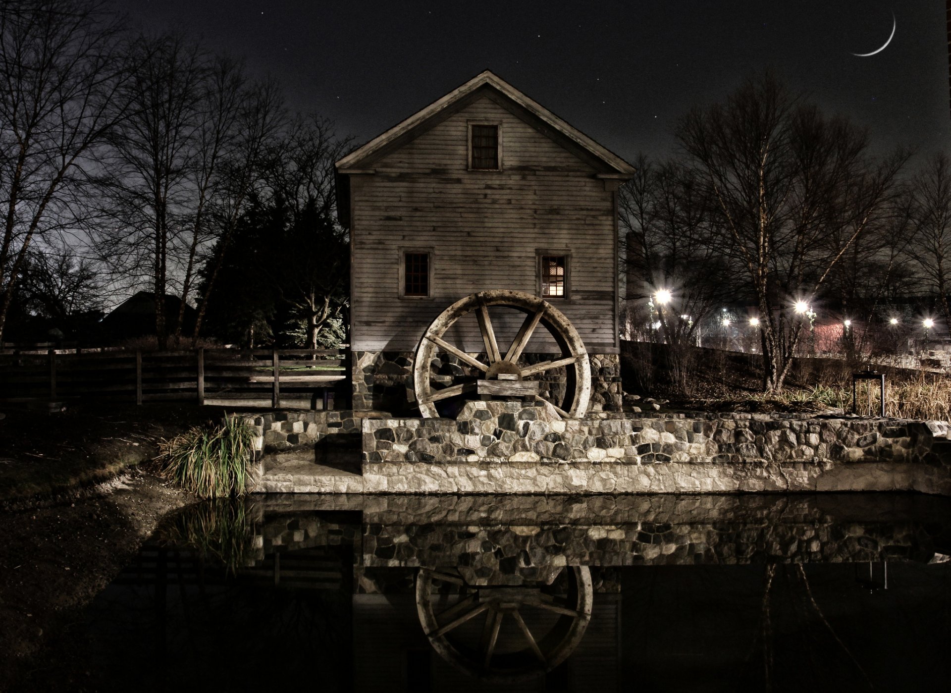 house lights tree mill water night year reflection