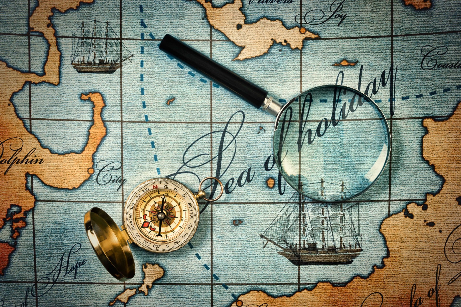 compass magnifier loupe ancient map islands continents sea the path routes ship travel my planet wallpaper.
