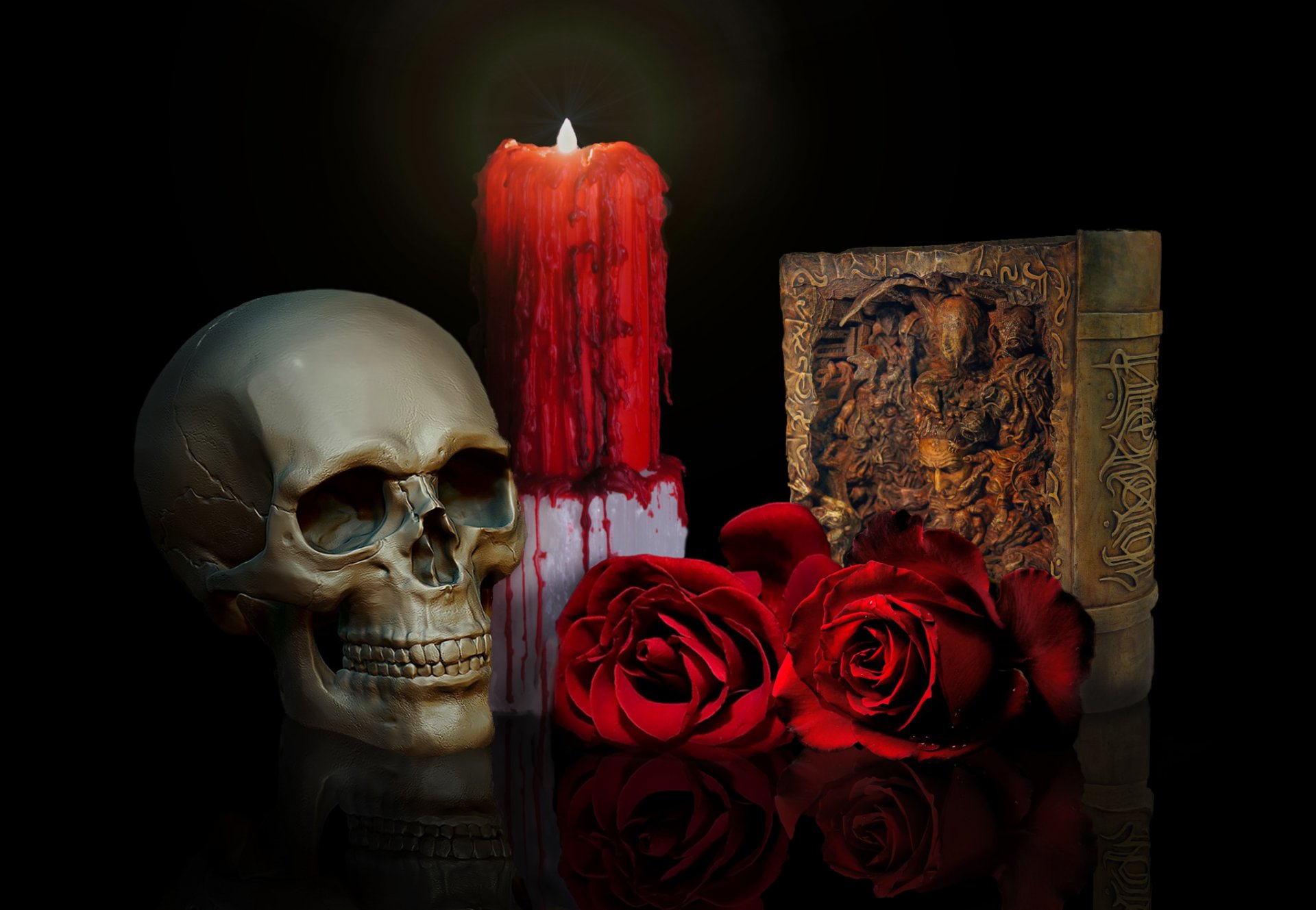 skull roses candle book
