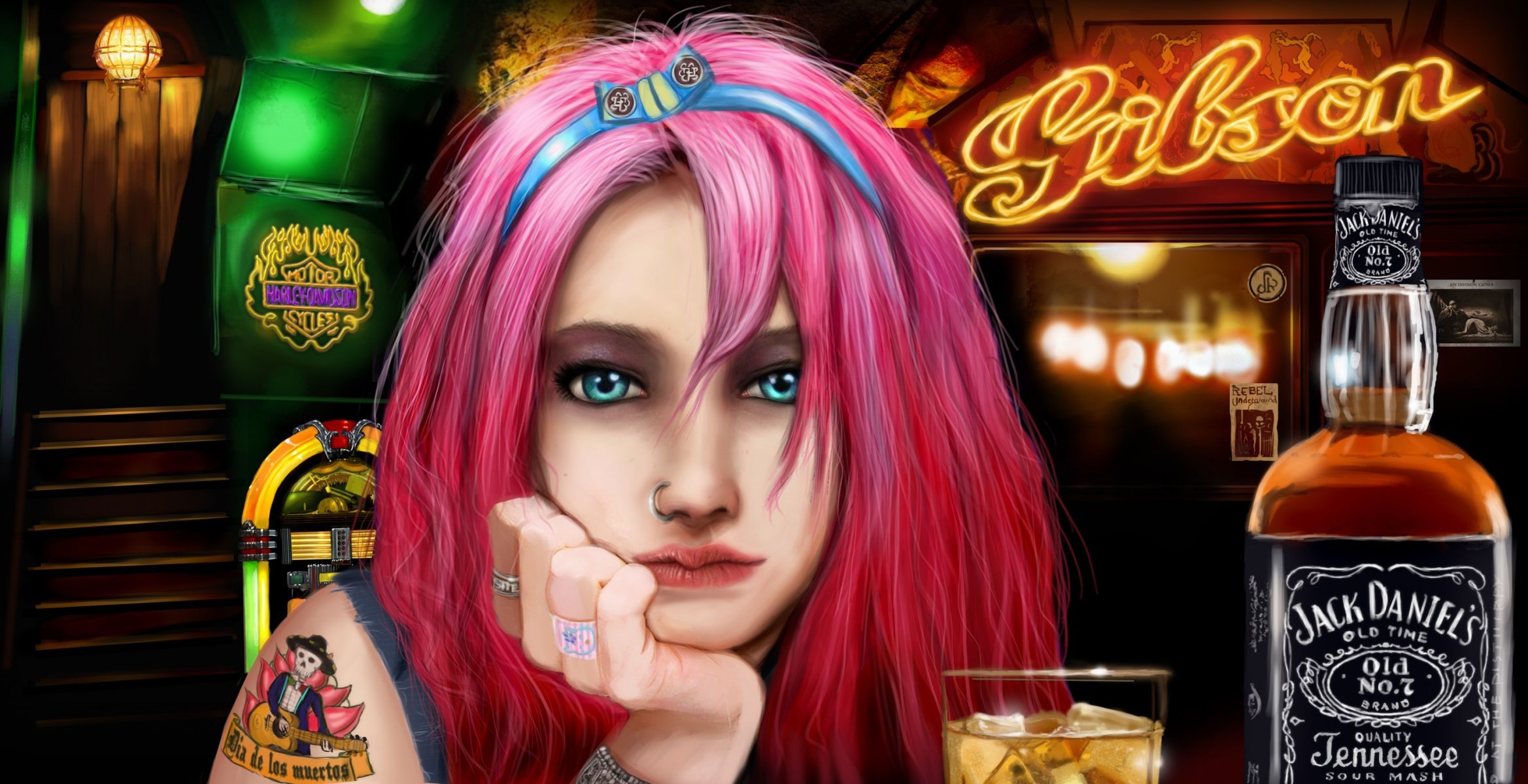 art girl pink hair bar alcohol jack daniels piercing rings tattoo glass next