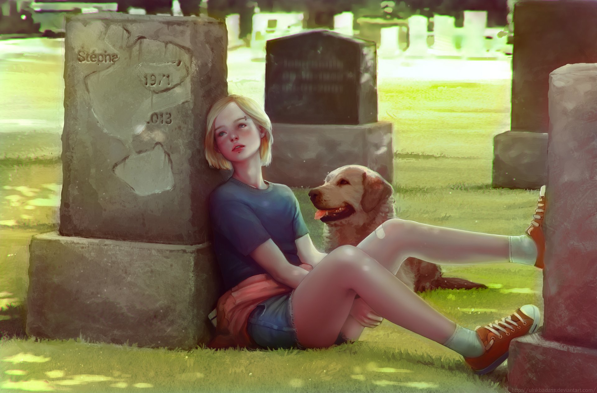 art cemetery tombstone girl dog
