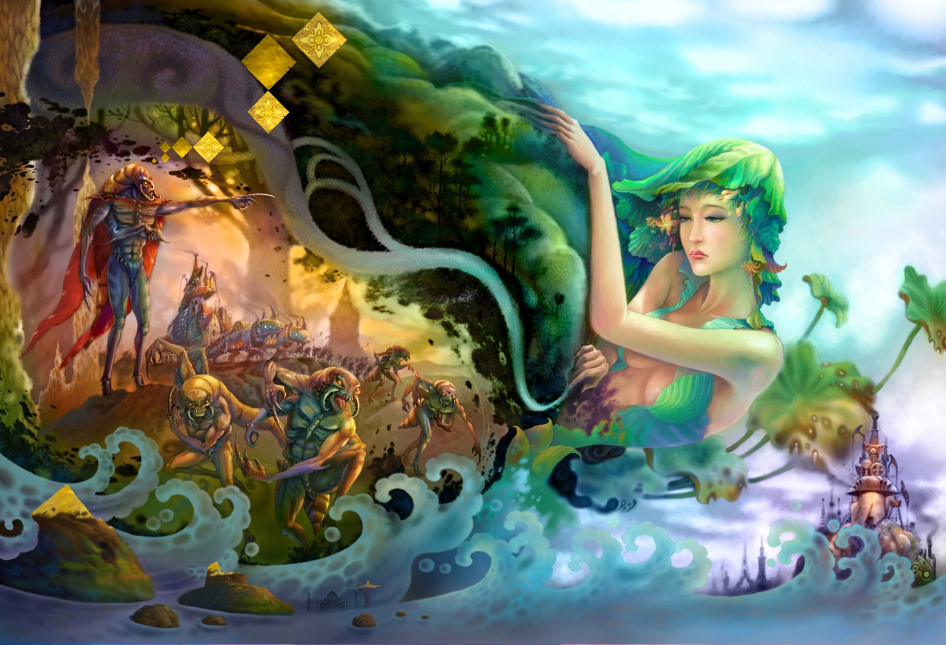 art girl monsters plants waves sea surrealism