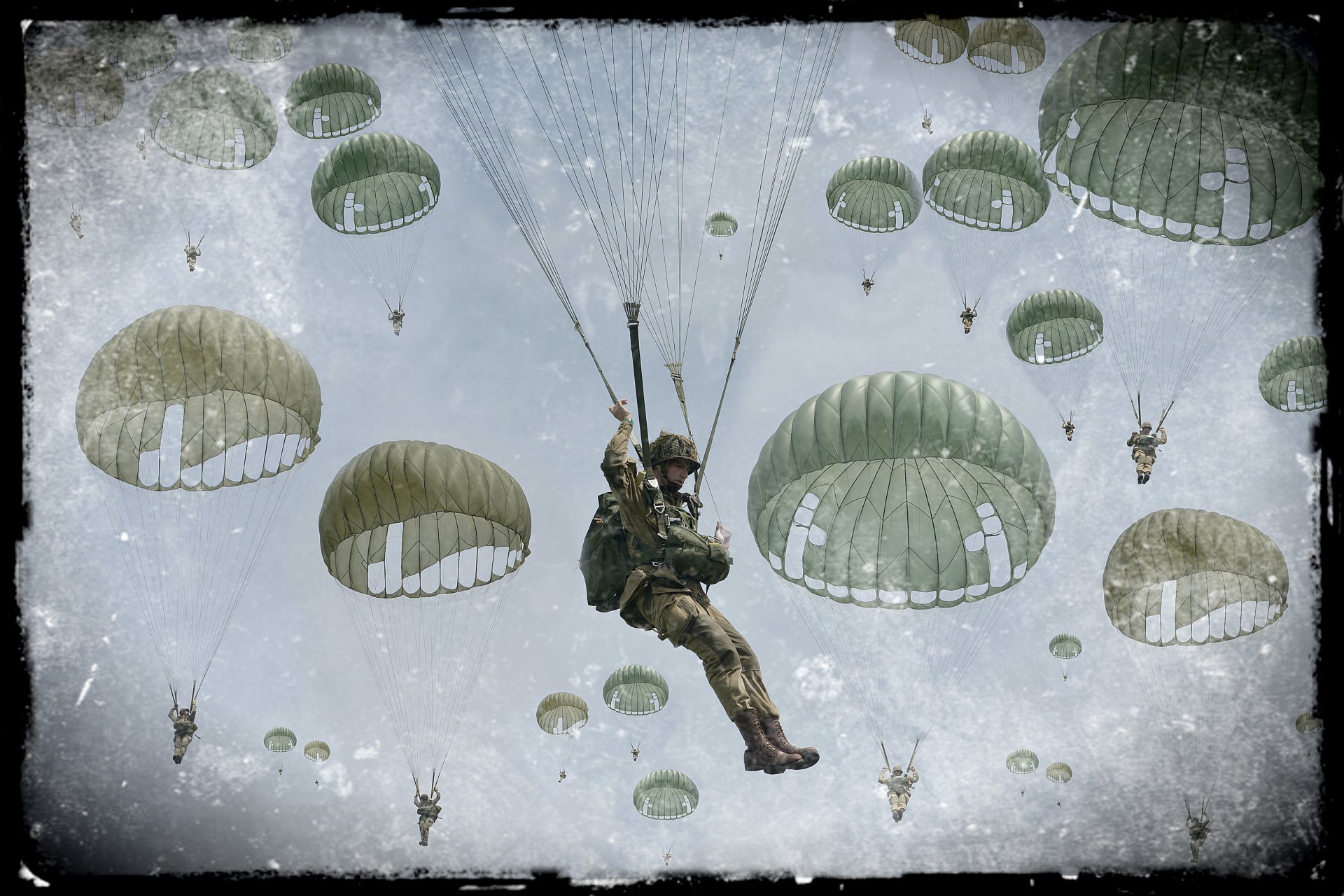 art men parachutists paratroopers marines skydivers sky clouds landing battle group retro picture oboina ww2 walllpaper.