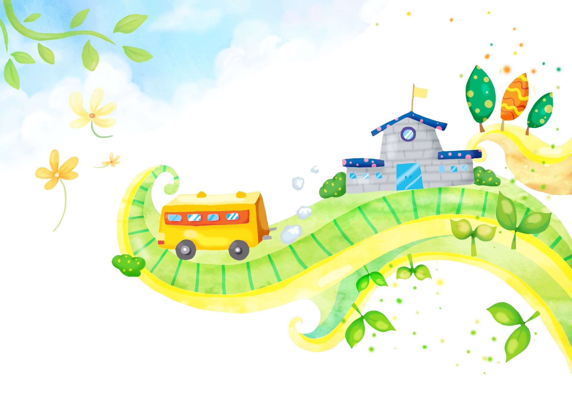 children's wallpaper curls flower tree house road bus