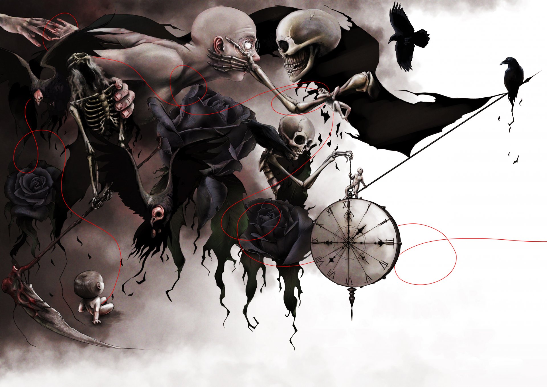 surrealism watches face time skeletons raven spit touch roses