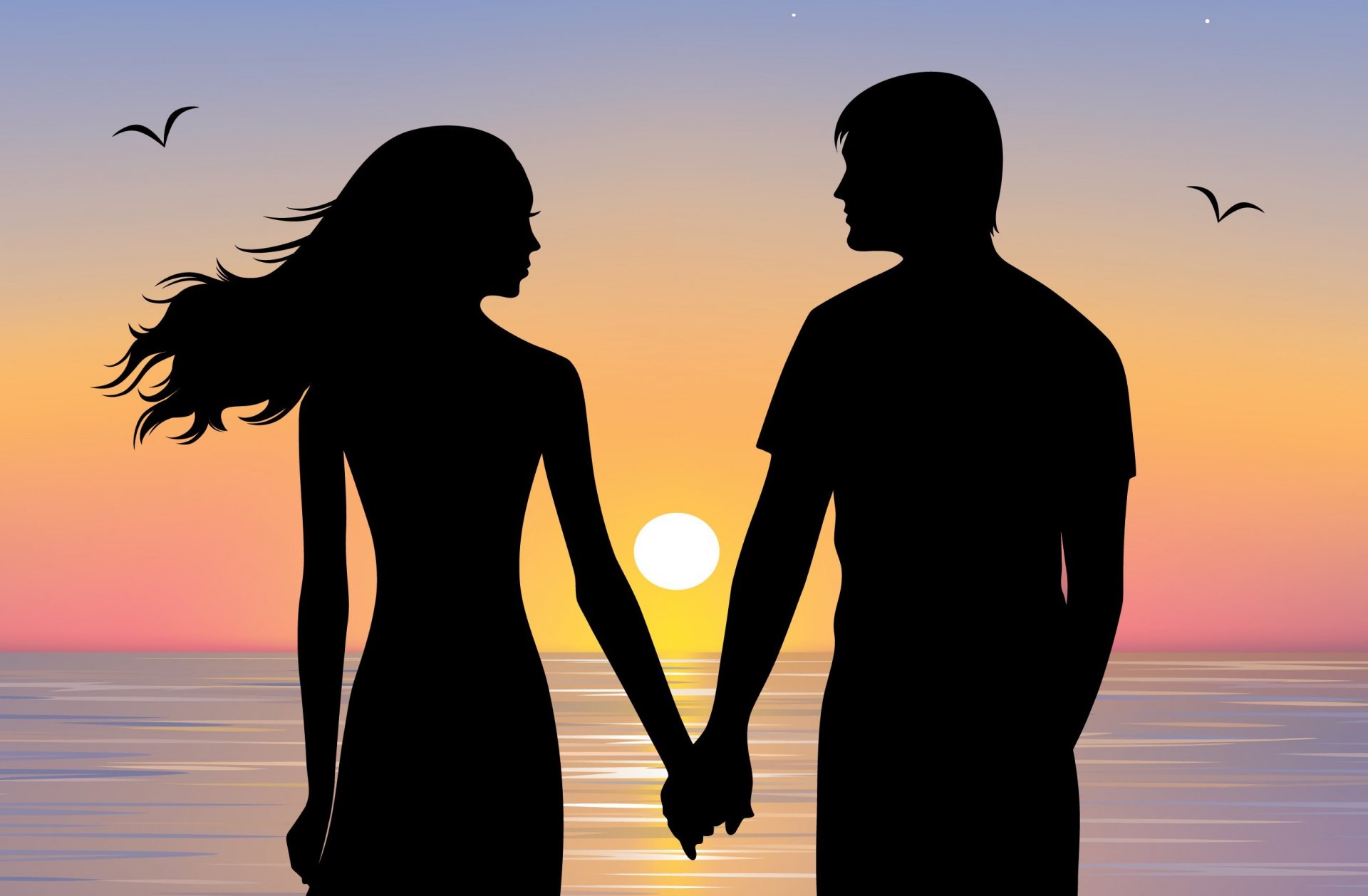 girl guy silhouette couple the pair hands love view sky birds