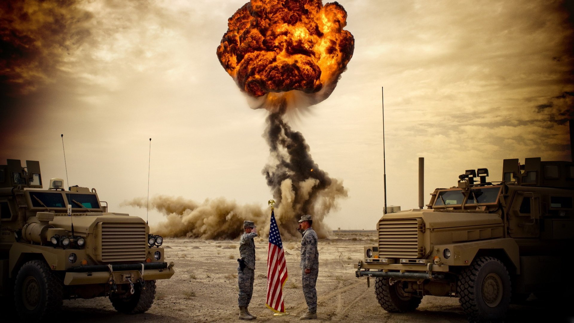 army usa explosion mushroom men greeting trucks