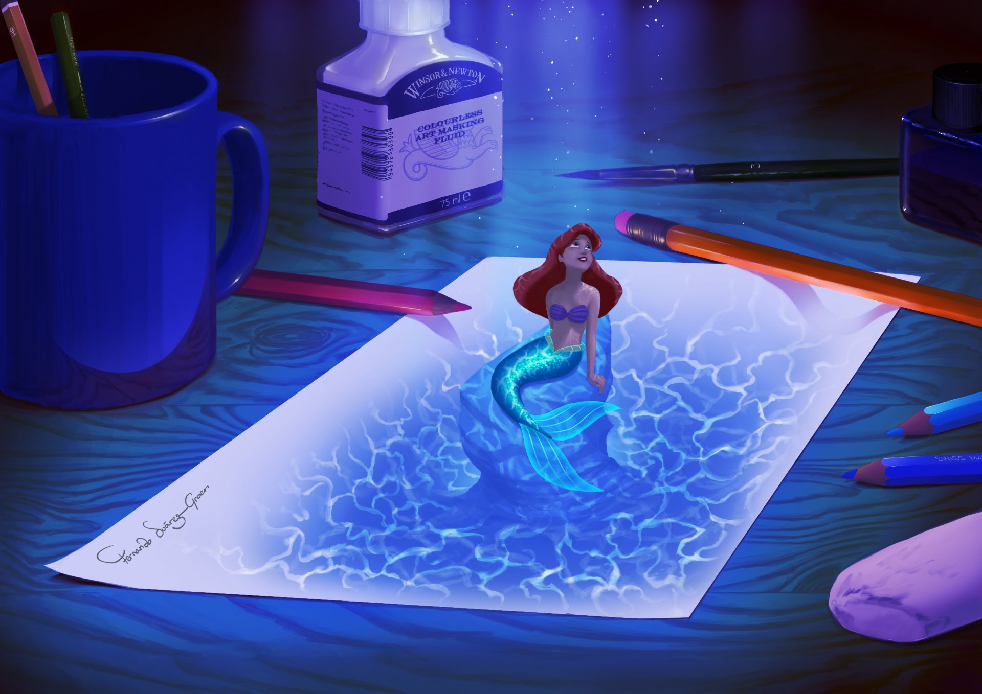 fan art digital art drawings movies & tv mermaid ariel picture paper office desk crayons ink feather mug fanart