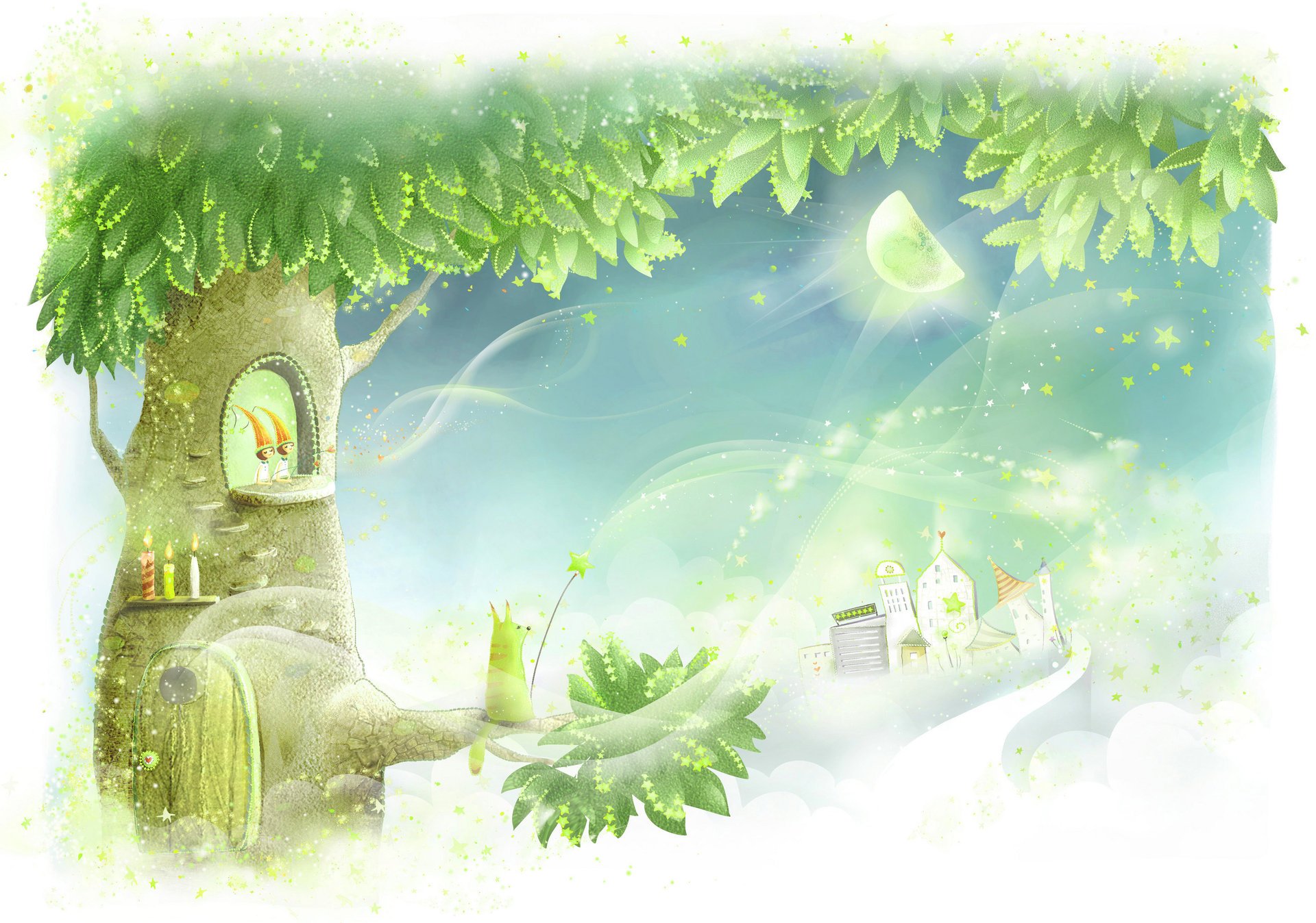 children's wallpaper mythical tree thunder doors candles crown fishing rods moon houses track flower