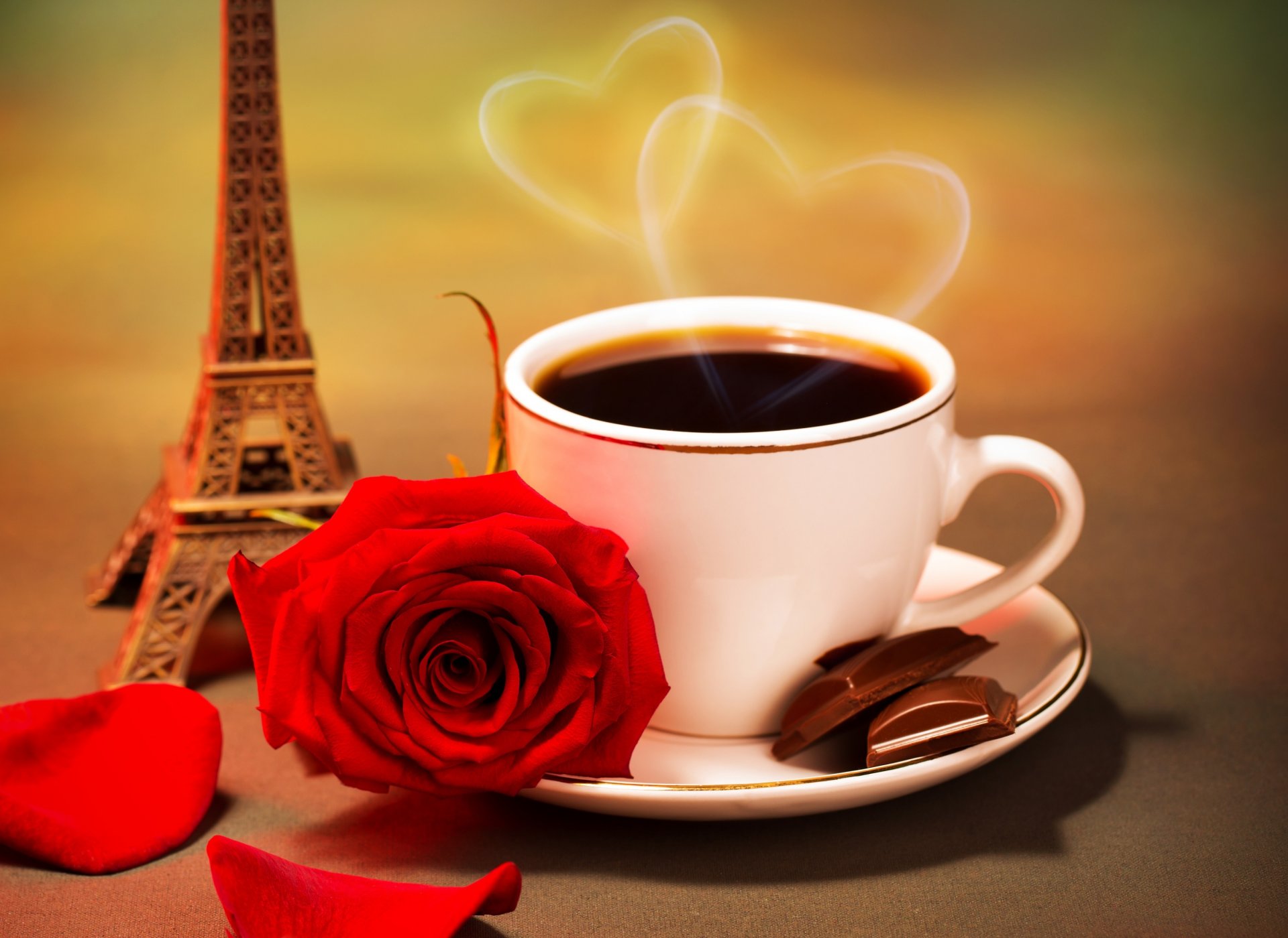 cup saucer chocolate segments coffee pairs heart flower rose red petals statue eiffel tower