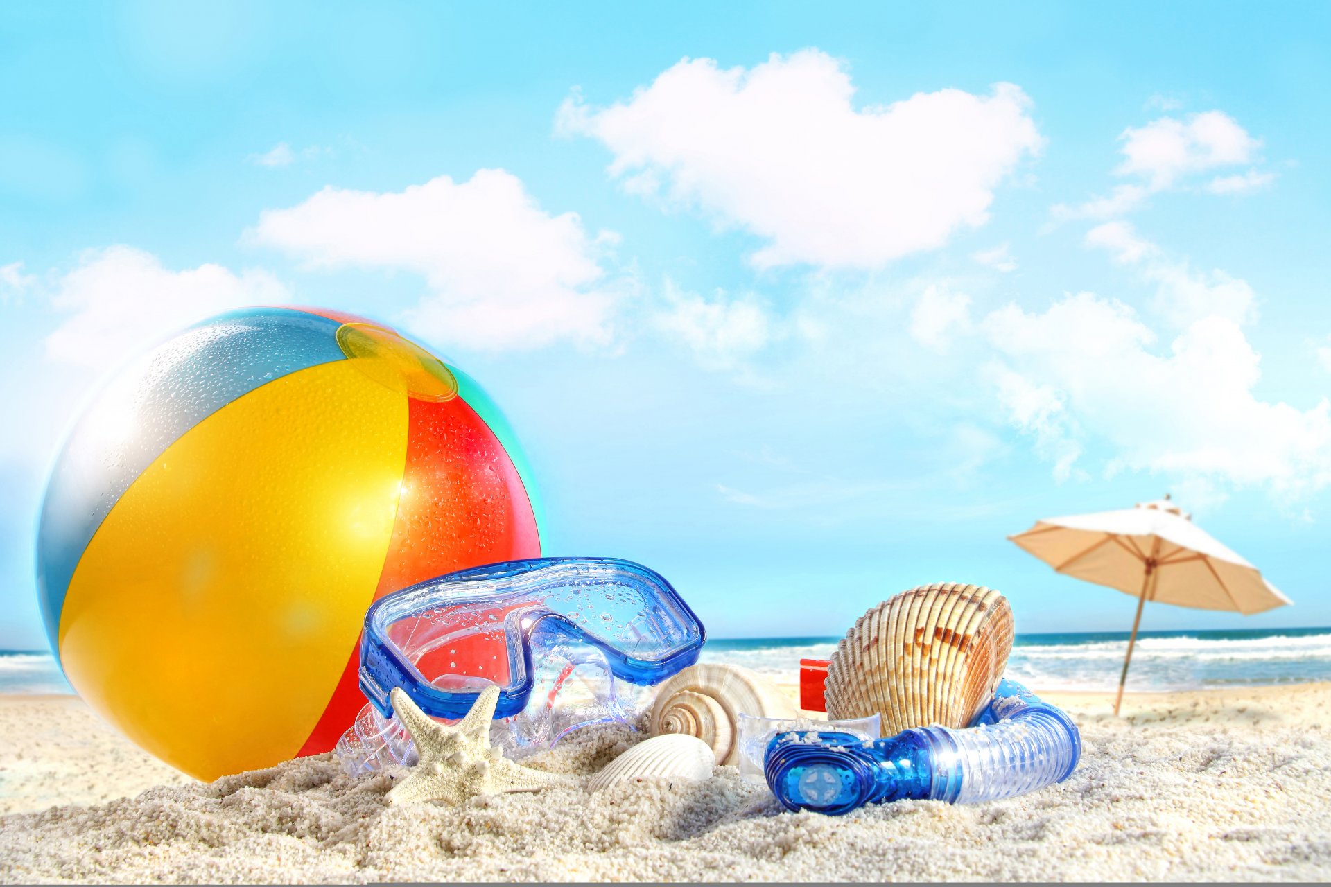 shells nature sky clouds sea sand beach ball summer