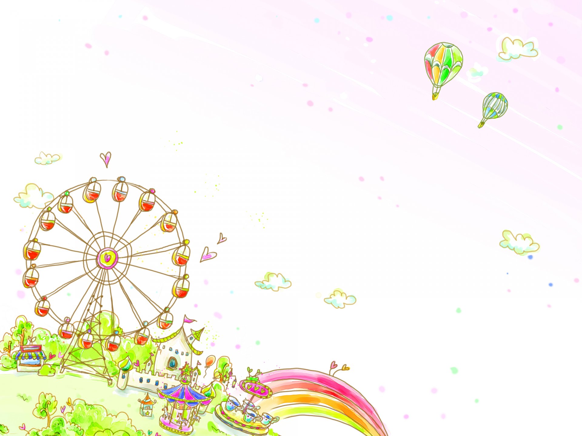 children's wallpaper attractions wheel houses rainbow clouds balloons