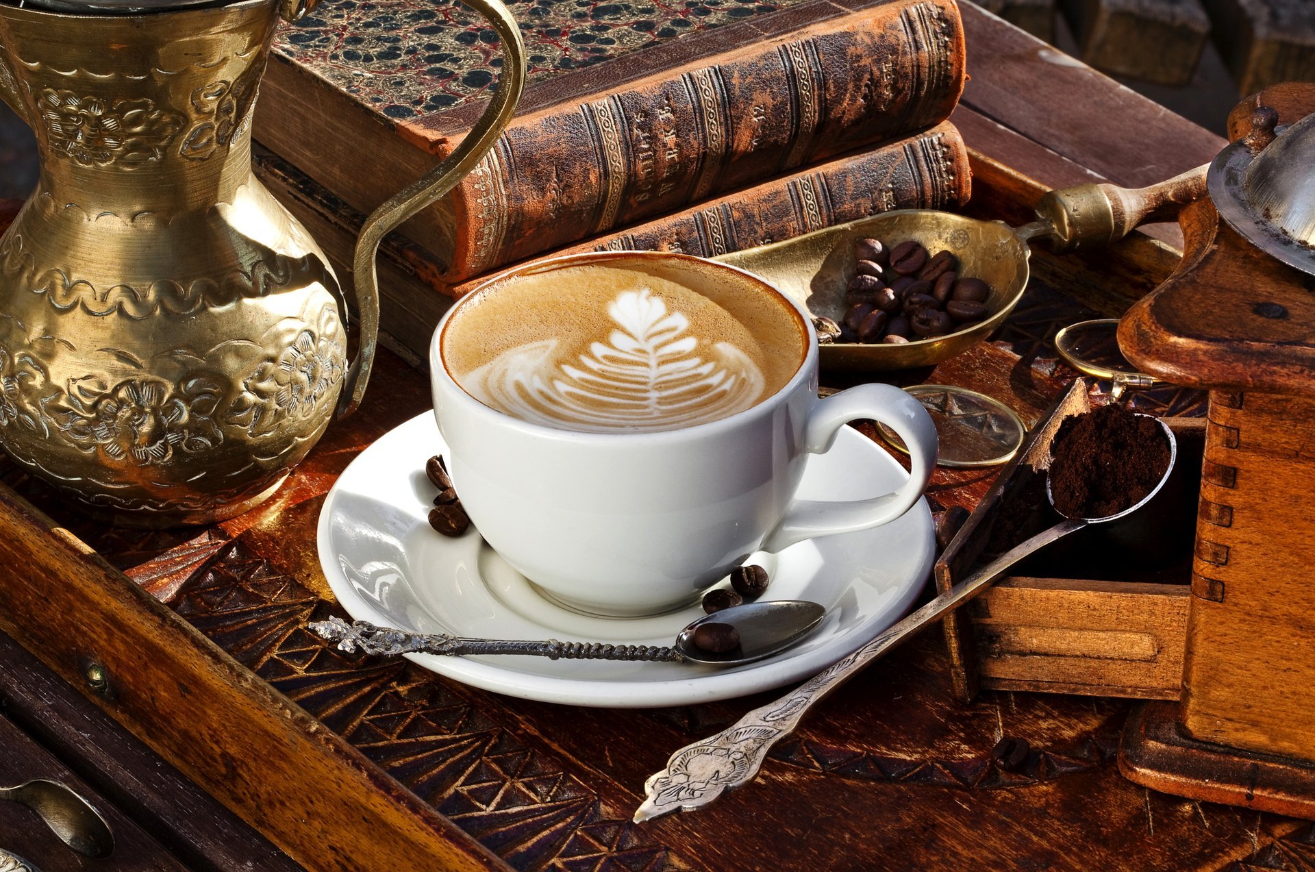 cappuccino coffee grain ground cup saucer drink foam pattern latte art blade spoon locker books