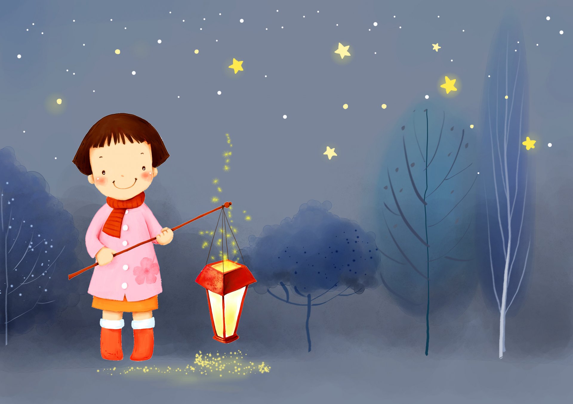 children's wallpaper girl smile scarf coat boots light tree night winter