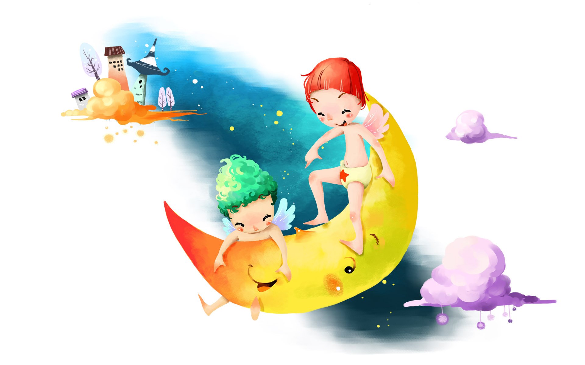 picture fantasy kids boys mischief year clouds house sky wings