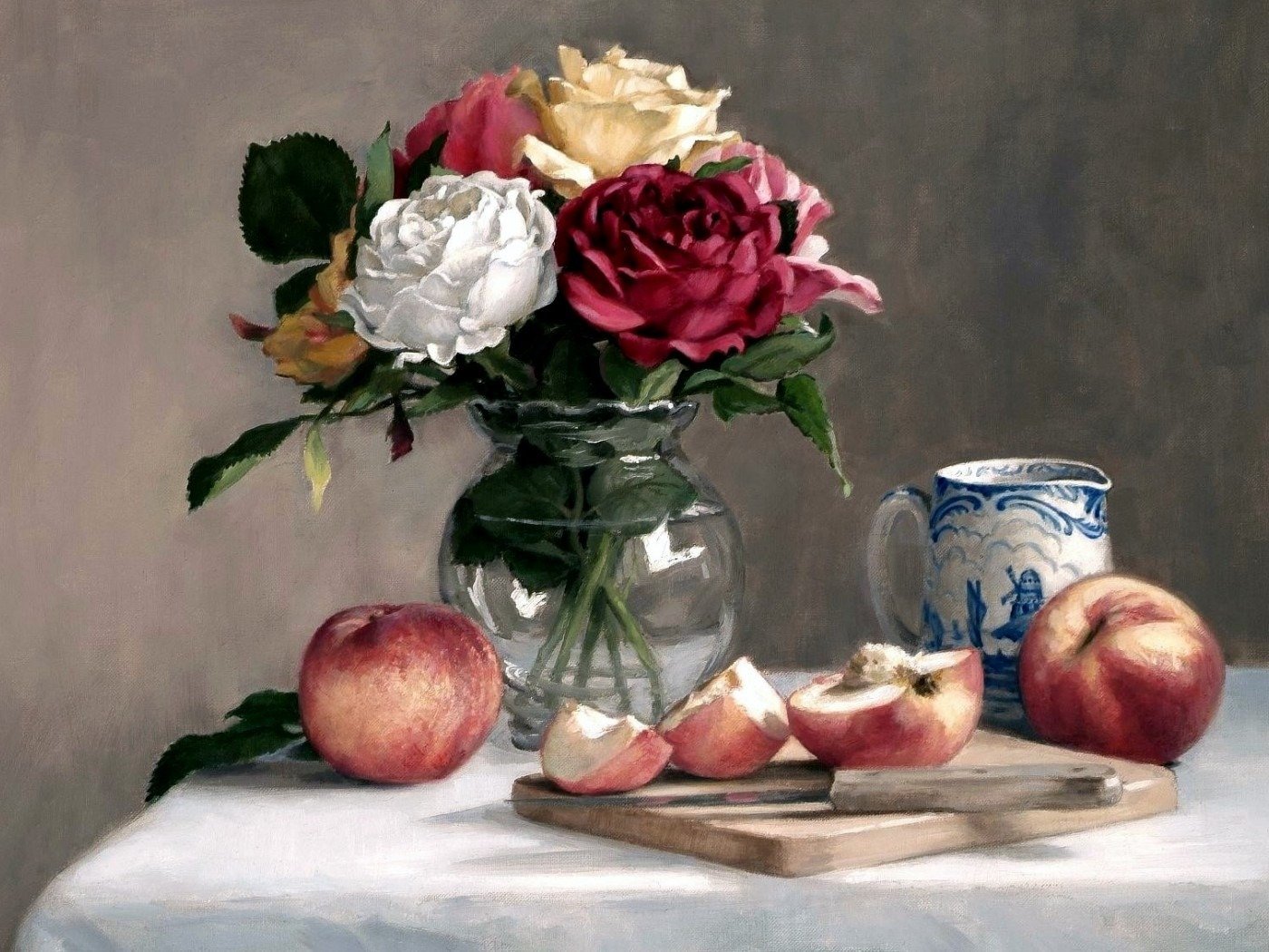 pattern still life a vase of flowers apples