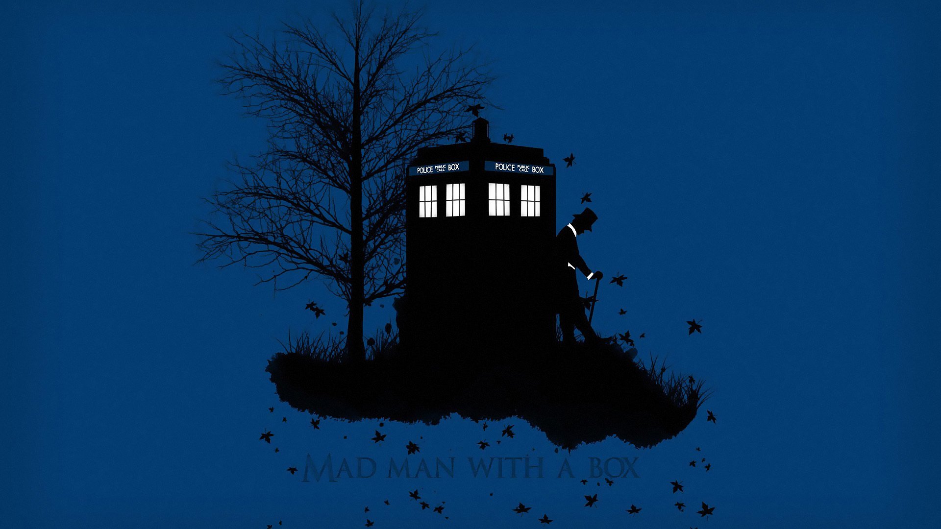 doctor who tardis booth tree leaves grass autumn silhouette hat the cylinder cane background