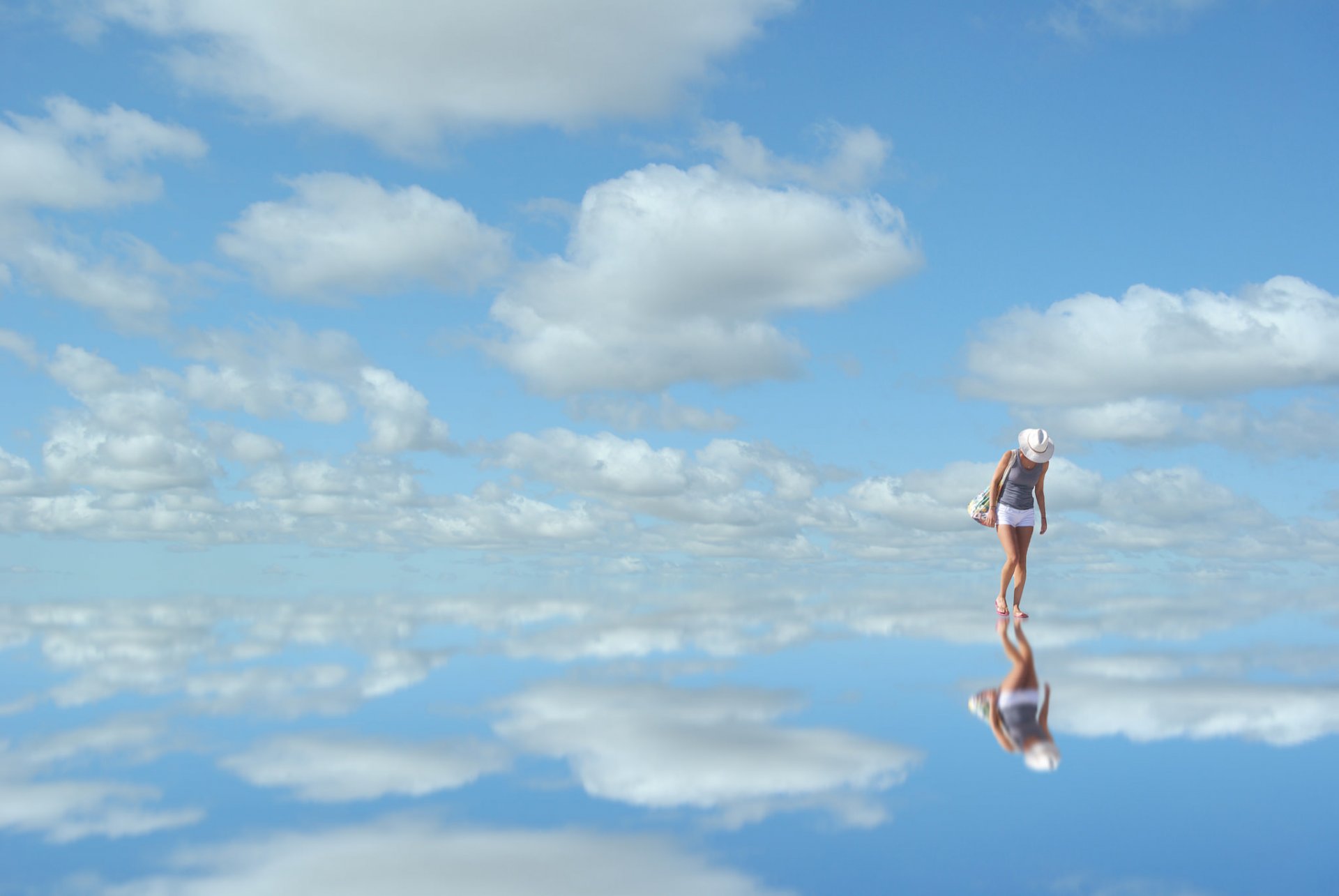 sky mirror clouds blue reflection woman a woman