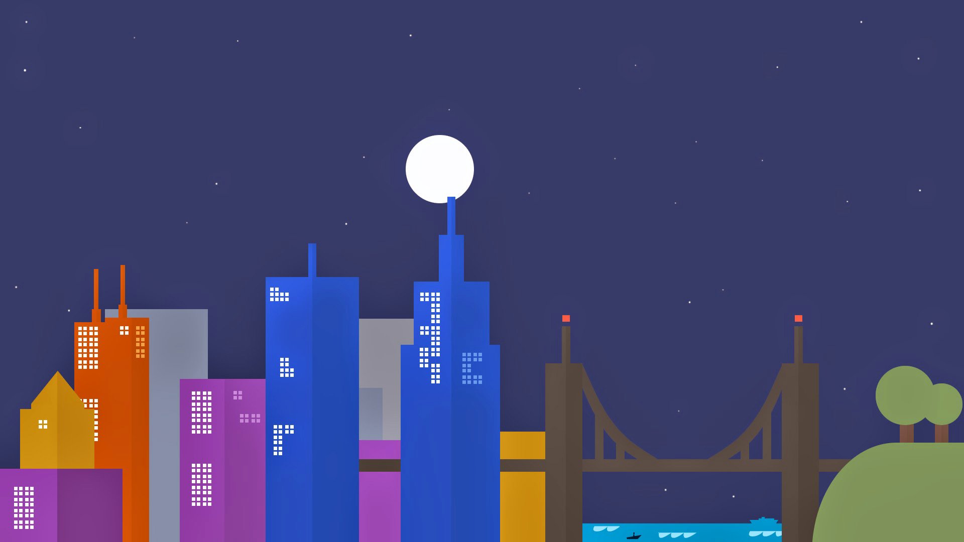 sky moon town bridge night house