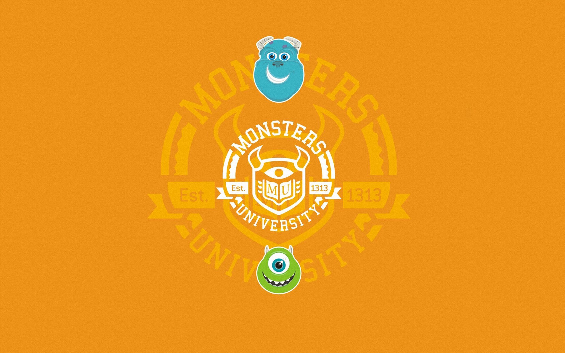university of monsters monsters university monsters inc. monsters inc. circle inscription faces blue green orange background minimalism