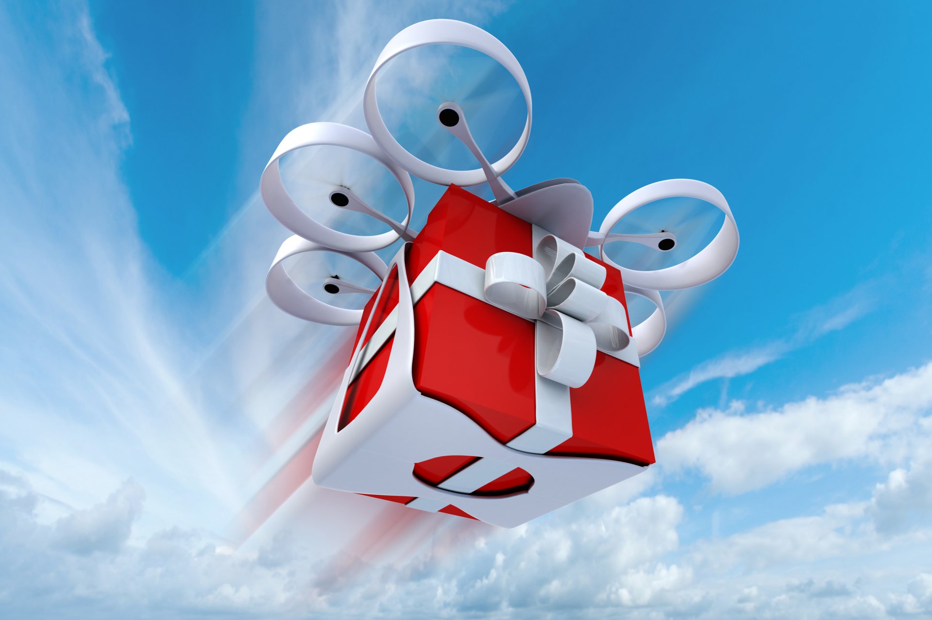 art technology helicopters helicopter six lifting screws flight vertical off clouds shipping box red white bow present gift abstract 3d wallpaper.