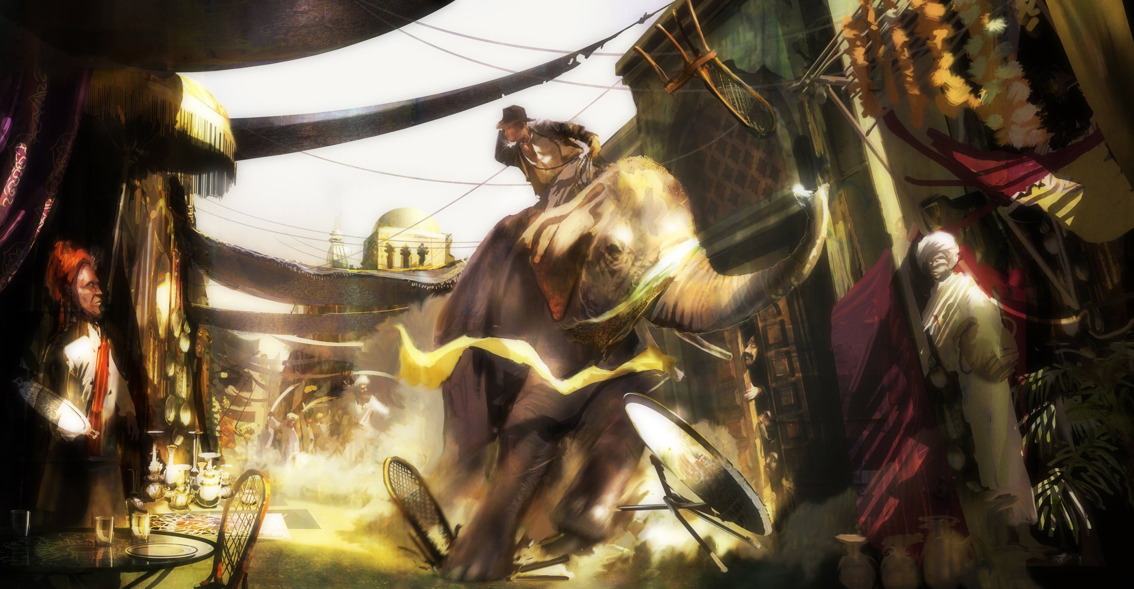 indiana jones riding to elephant chase east bazaar the situation adventure art .