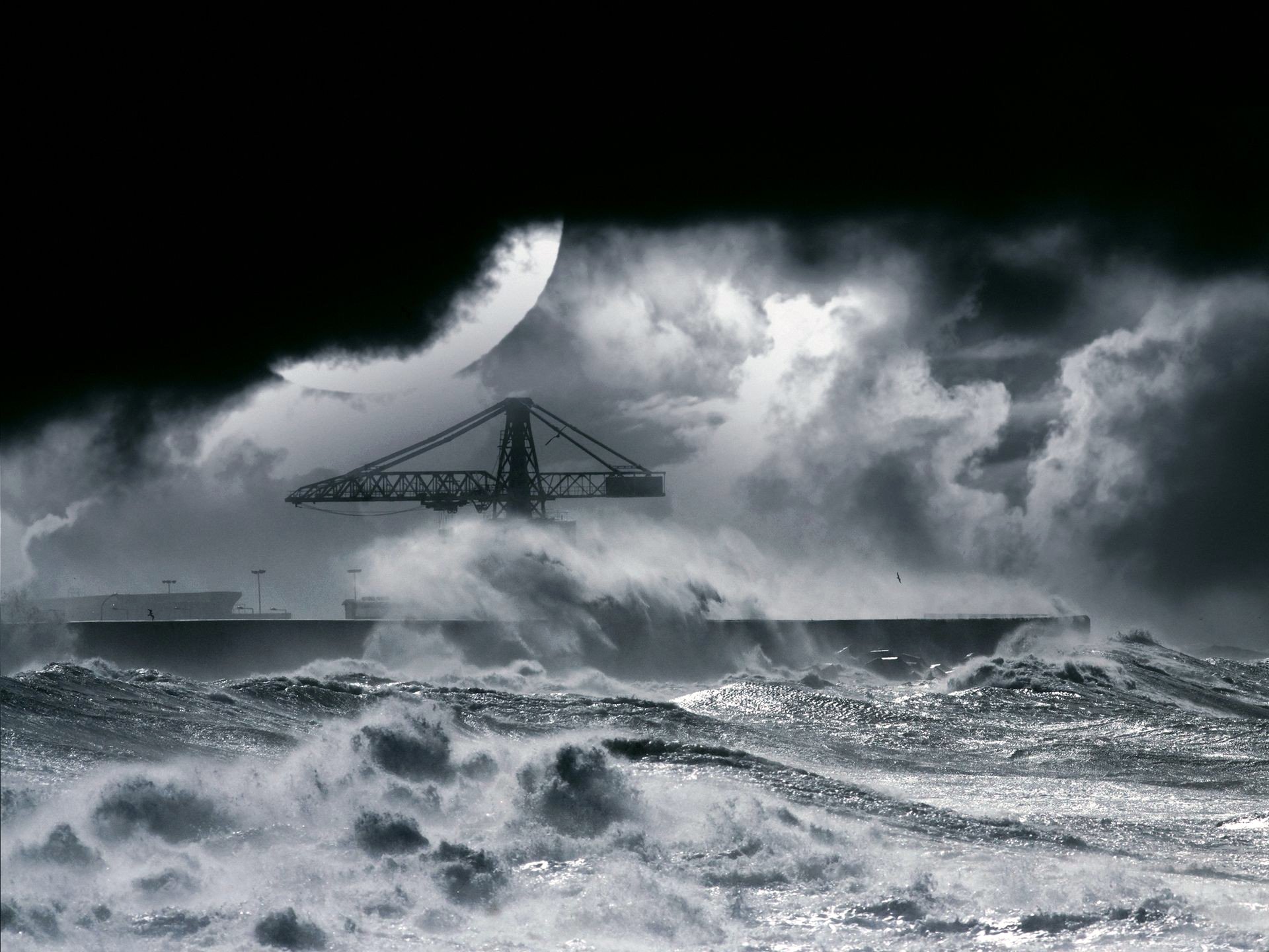 sea ocean pier the port crane storm waves poems wind spray foam night moon