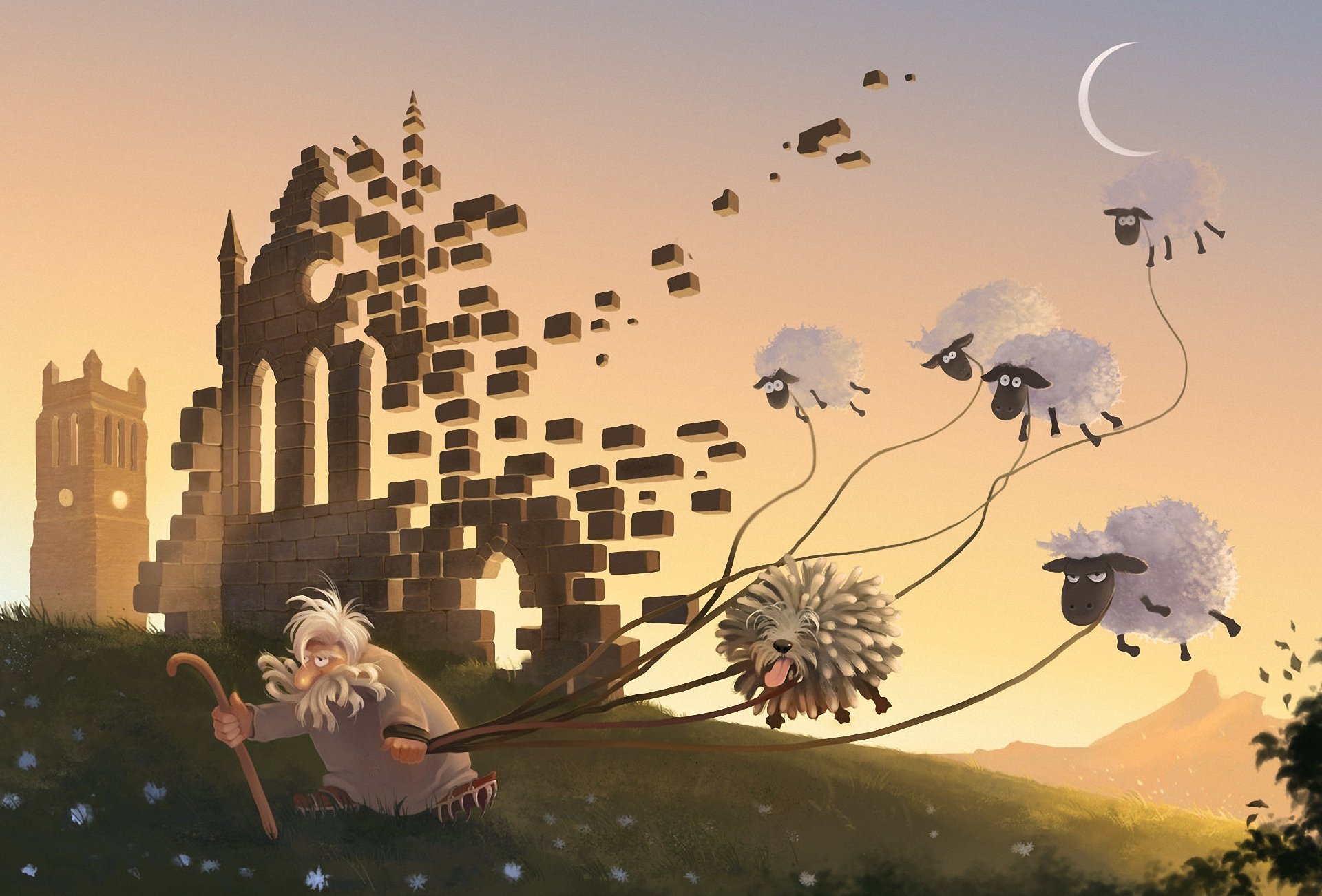 art old dog sheep rope castle stones weightlessness grass humor studs