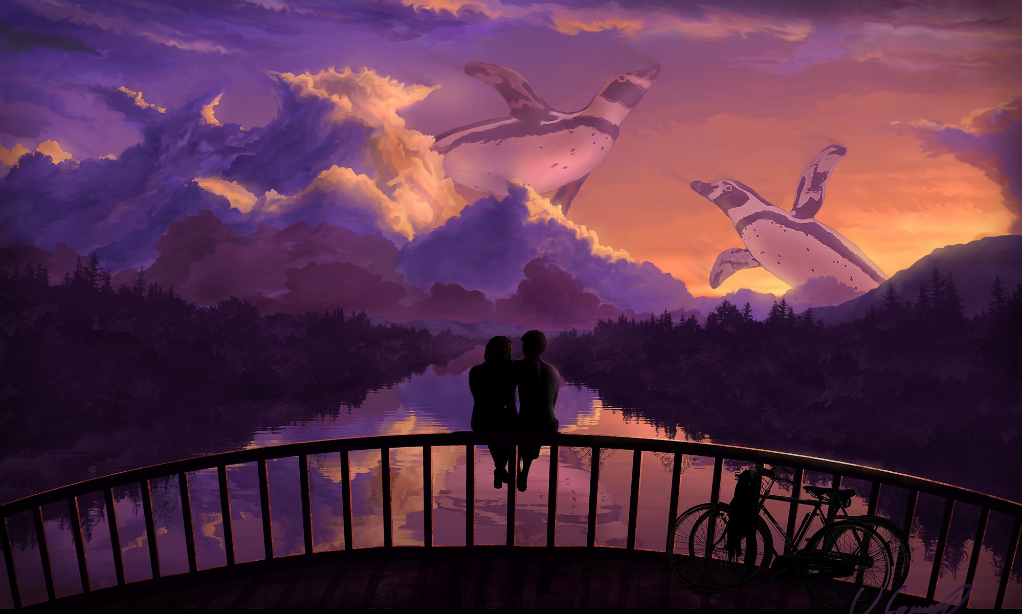 art love the pair romance bridge sunset bike river reflection tree sky penguins