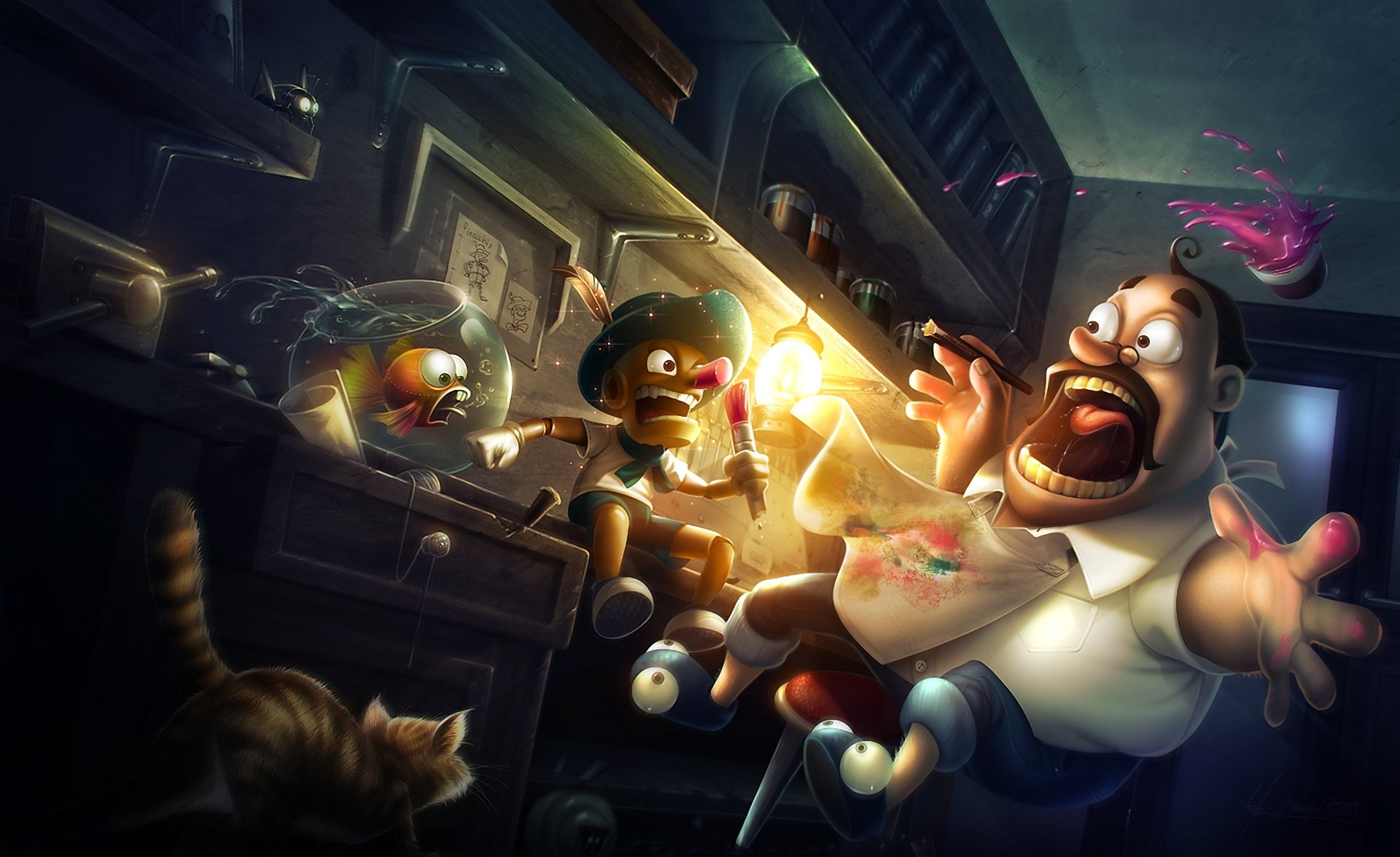 art pinocchio master brush is broken cat aquarium fish shop emotions light