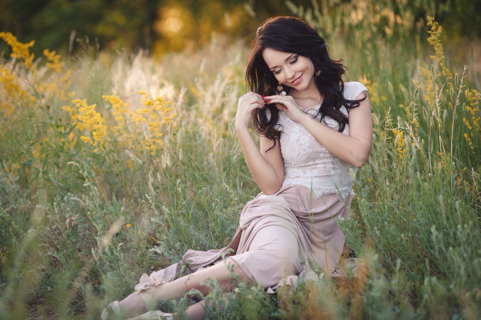 girl angelina petrova brunette ukrainka steppe grass beautiful beauty sandals dress earrings ring smile teeth