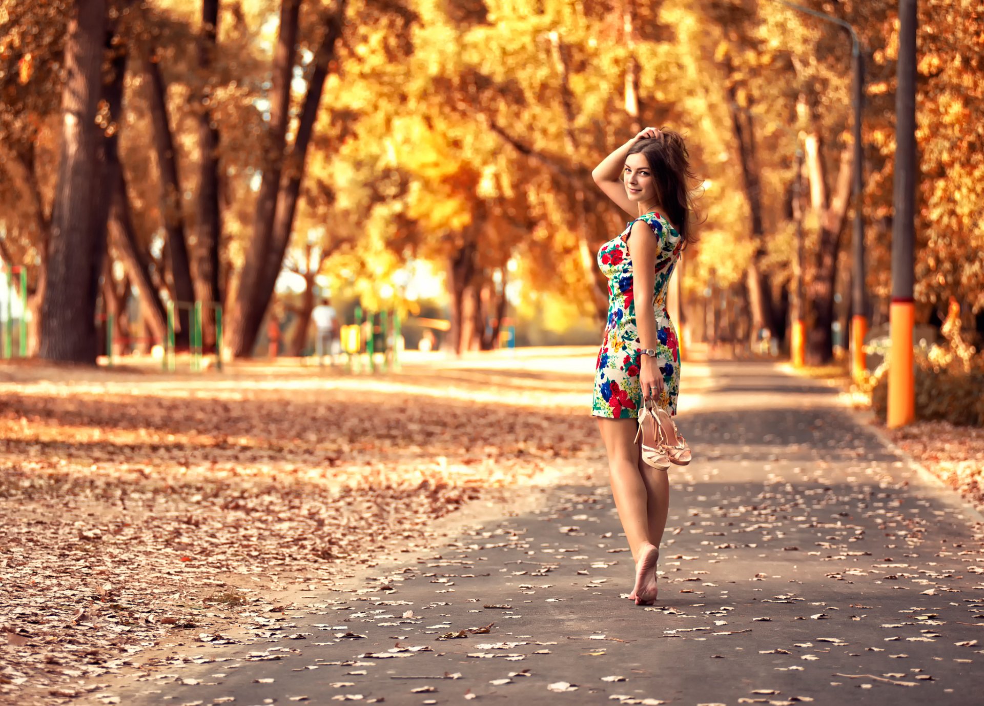 girl park autumn leaves dress cute feet anton pechkurov