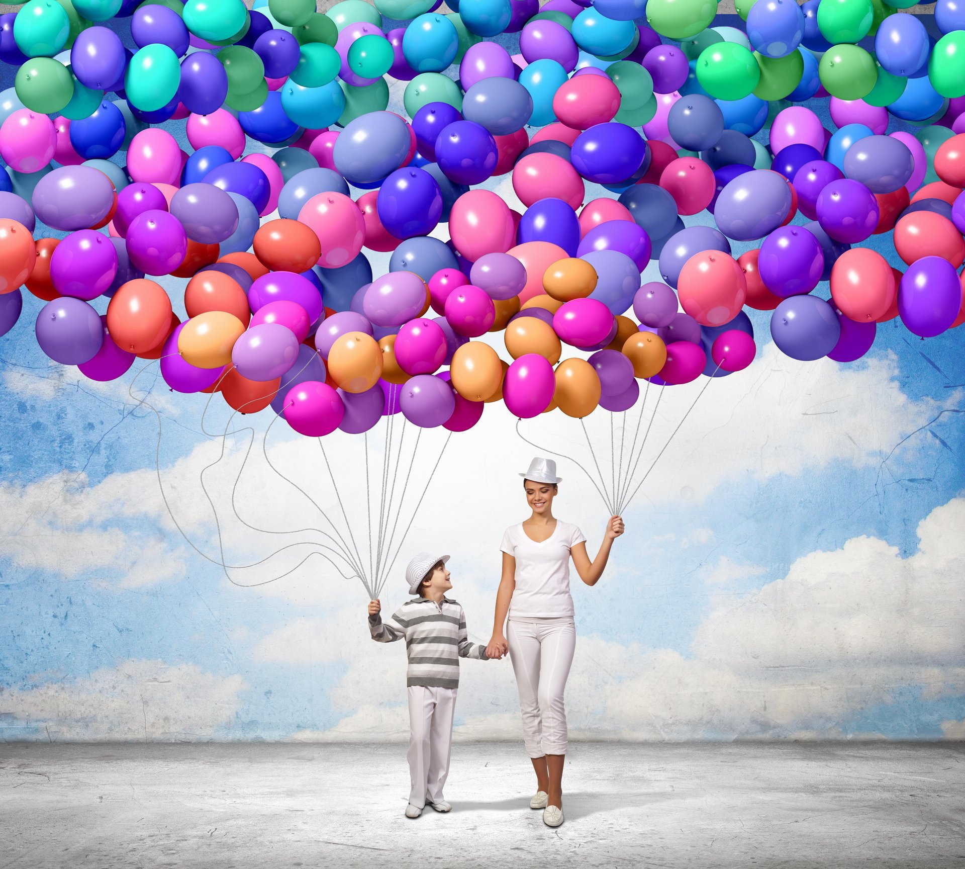 happy balloons colorful sky family people bulbs happiness