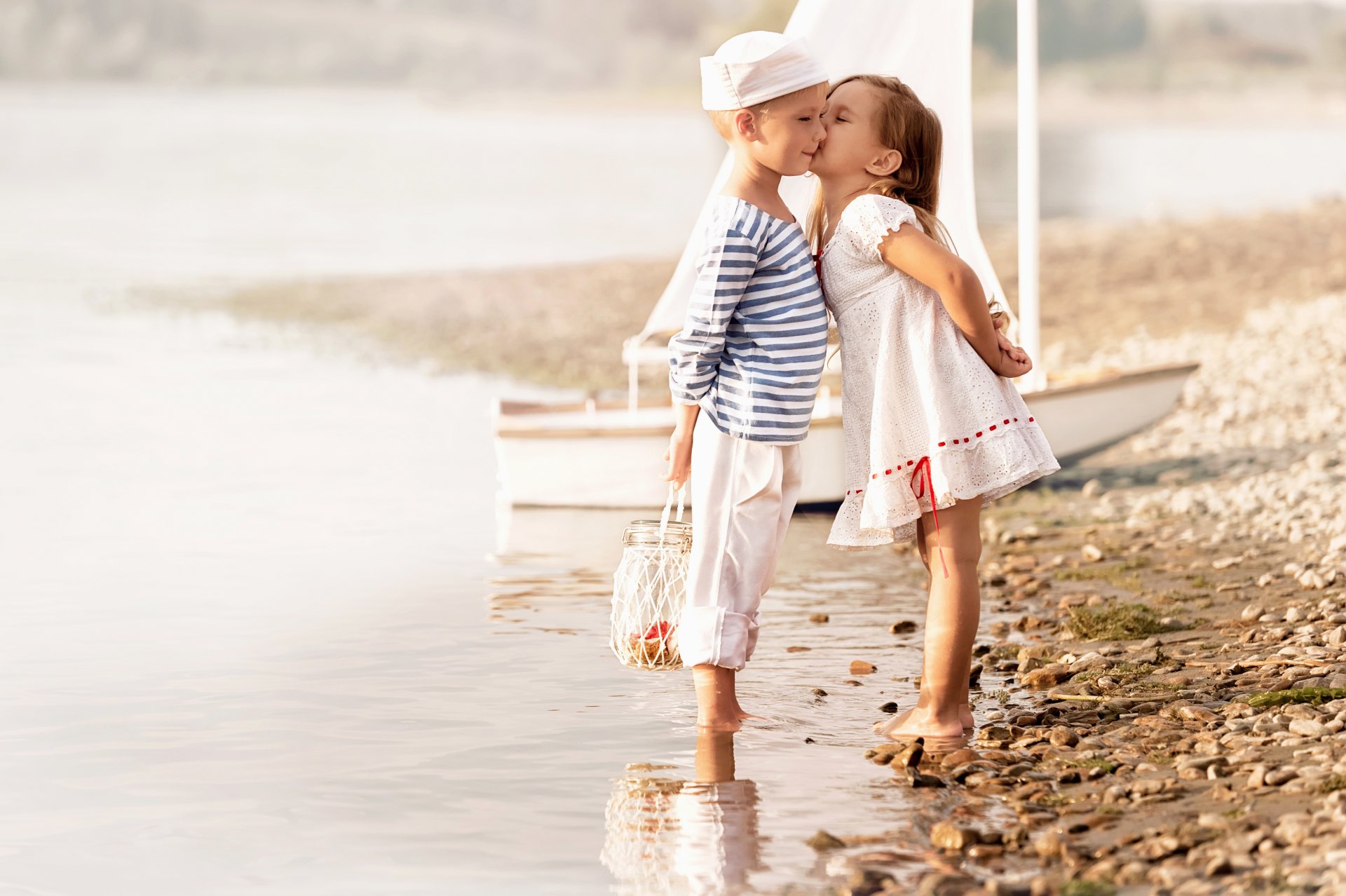 children boy girl kiss dress sea beach friends boys sailors sailor